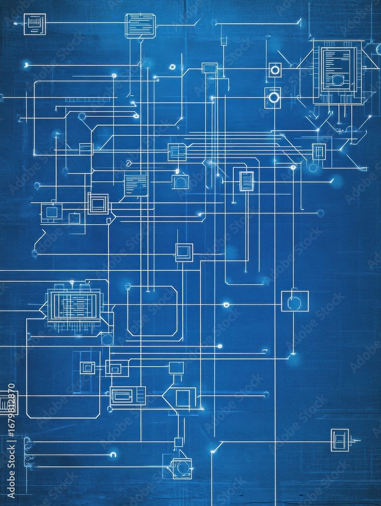 Poster complex blue circuit board design featuring intricate lines and components illustrating advanced tec