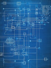 Complex blue circuit board design featuring intricate lines and components illustrating advanced technology and electronic connections