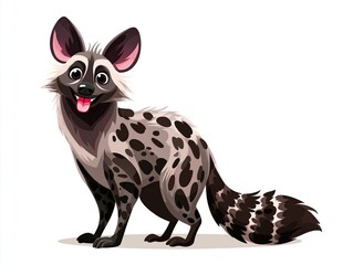 Fototapeta premium Cartoon illustration of a playful spotted hyena character with a cheerful expression, showcasing its unique fur patterns and lively demeanor in a whimsical style