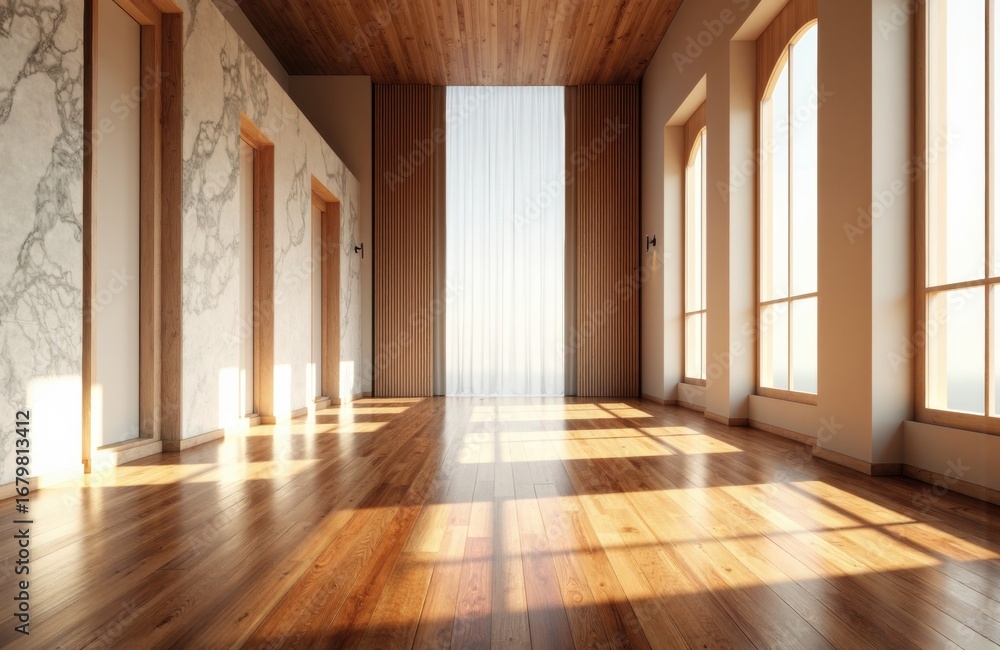 Poster bright empty room with large windows and natural sunlight streaming in creating warm shadows