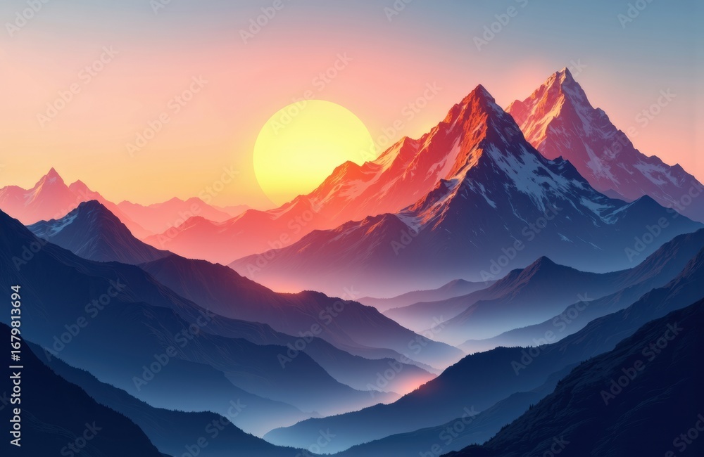Poster Sunset over majestic mountain range with colorful sky and layered peaks creating depth