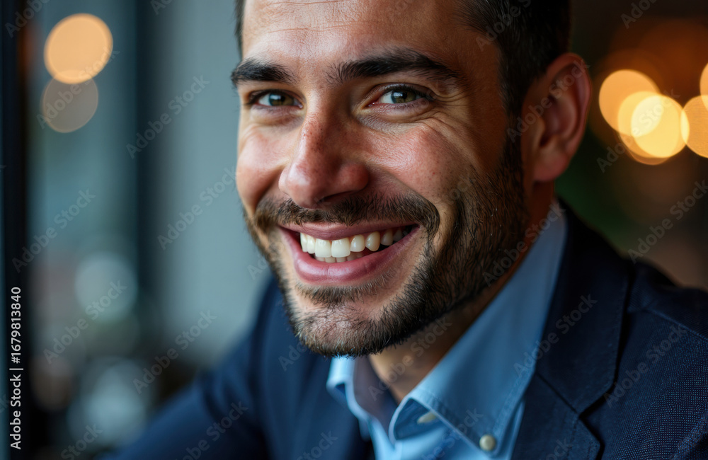 Poster smiling man with a friendly expression in a professional setting