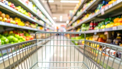 shopping cart in a grocery store aisle with produce