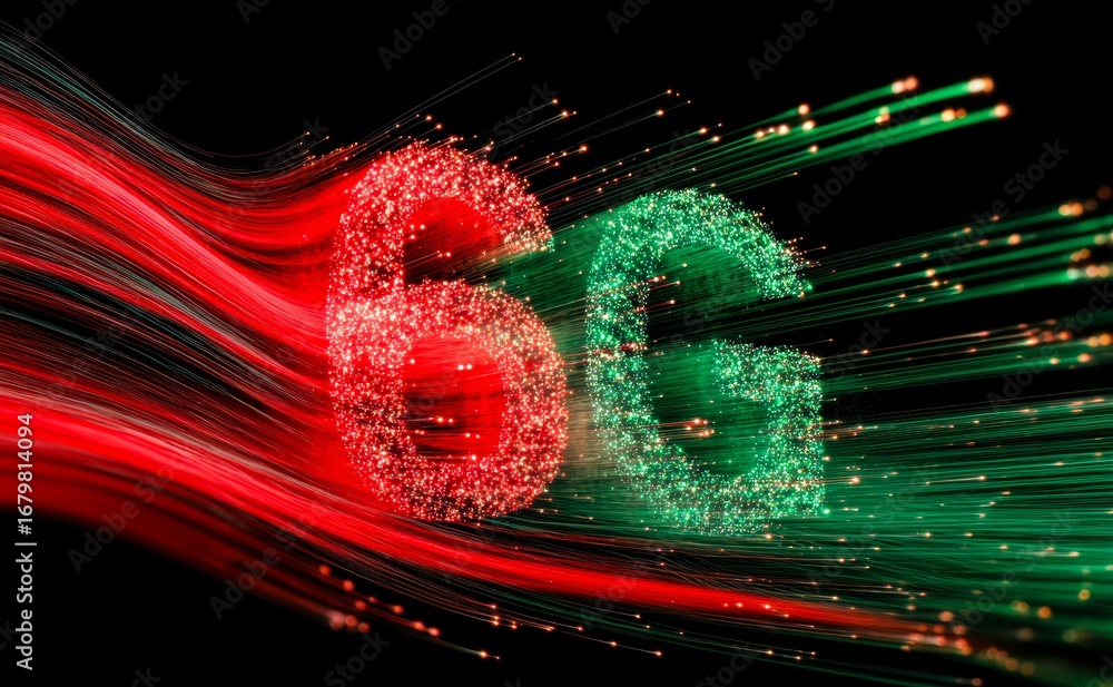 Poster dynamic digital representation of the number 66 in vibrant red and green colors