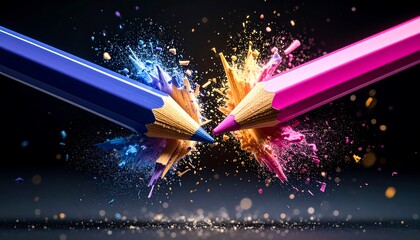 Colorful pencils exploding in vibrant collision