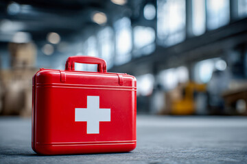Red first aid kit with white cross symbol in an industrial setting