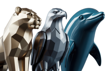 Majestic geometric sculptures of a lion, eagle, and dolphin symbolize strength and nature isolated on transparent background.