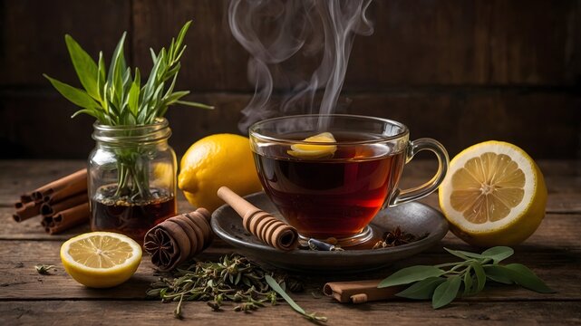 Taza de vidrio con t&eacute; caliente, lim&oacute;n y especias sobre mesa r&uacute;stica de madera