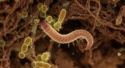 A microscopic view showing a larva crawling among bacteria and fungal hyphae in a brown environment
