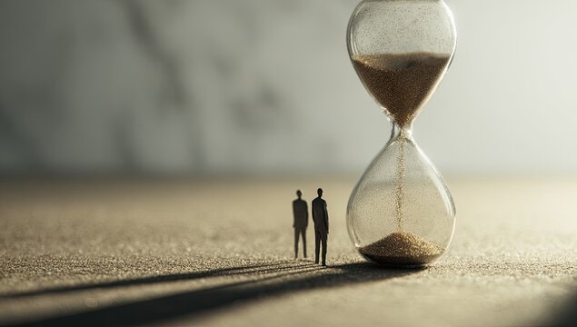 Tiny figures stand before a large hourglass, symbolizing the passage of time