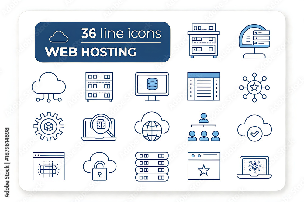 Poster a collection of thirty six line icons depicting web hosting and related technology concepts in blue