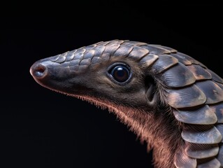 Obraz premium Close-up of a pangolin with intricate scales and expressive eyes, showcasing its unique features against a dark background, emphasizing its natural beauty and texture