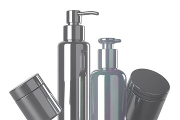 Obraz premium Sleek, modern cosmetic bottles arranged for a clean, professional aesthetic isolated on transparent background.