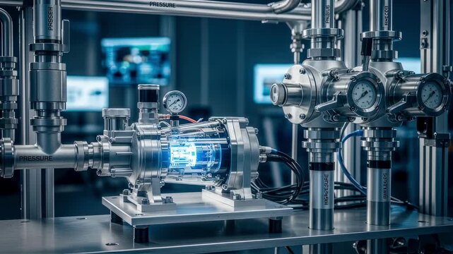 Technical hydrogen fuel pump affixed to an integration bench surrounded by vacuum insulated piping and highpressure regulators for aviation fuel trials.