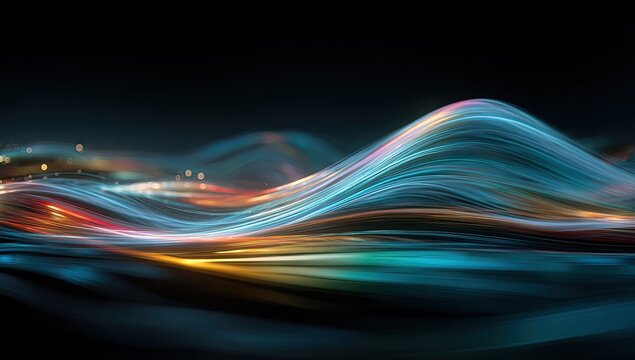 Abstract wave patterns of vibrant colors, flowing over a dark background