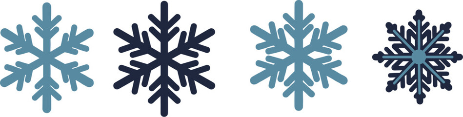 Four stylized snowflakes in blue and dark blue on white background on transparent background