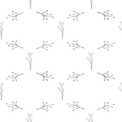 Watercolor seamless pattern with branches and leaves on white background