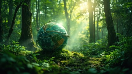 A glowing Earth is placed on a forest floor surrounded by lush greenery and trees. Sunlight filters through the canopy, while animated arrows encircle the globe, symbolizing movement, 