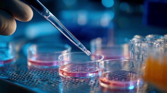 Focused medium shot of scientist pipetting stool transplant fluid into a test tube with outoffocus lab instruments creating depth.