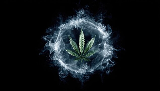 A vibrant green cannabis leaf encircled by a swirling cloud of smoky vapor