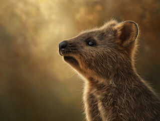 Fototapeta premium Quokka with soft fur and bright eyes gazes thoughtfully against a blurred golden background, showcasing its adorable features and natural habitat in a serene moment