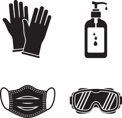 Fototapeta premium Essential personal protective equipment icons for health and safety including gloves mask sanitizer and goggles silhouette