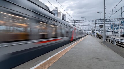 Modern high-speed train on the platform of a railway station. Blurred motion.