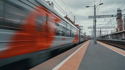 Modern high-speed train on the platform of a railway station. Blurred motion.