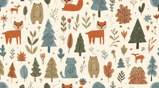 Scandinavian Folk Art. seamless pattern in a Scandinavian folk art style, featuring stylized animals bears, foxes, deer, trees, and flowers. The color palette is muted and earthy 