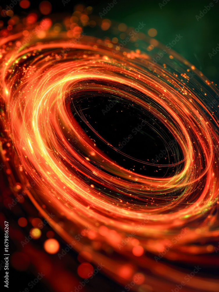 Poster glowing fiery vortex of swirling light particles creating dynamic circular motion with vibrant orang