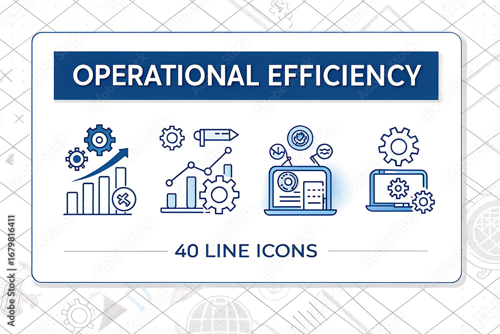 Poster operational efficiency icons showing bar graphs gears and laptops in blue on a white background