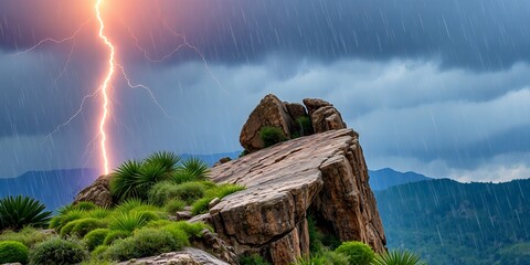 Fototapeta premium Jagged rocky peak with heavy rainfall and bright lightning strike illuminating the stormy sky