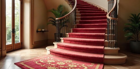 Luxurious, plush carpet covers a grand staircase, adding warmth and elegance to the home The deep pile carpet creates a soft and inviting feel underfoot , luxury, flooring, home