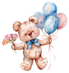 Fototapeta premium Pink teddy bear illustrated balloon drawing.