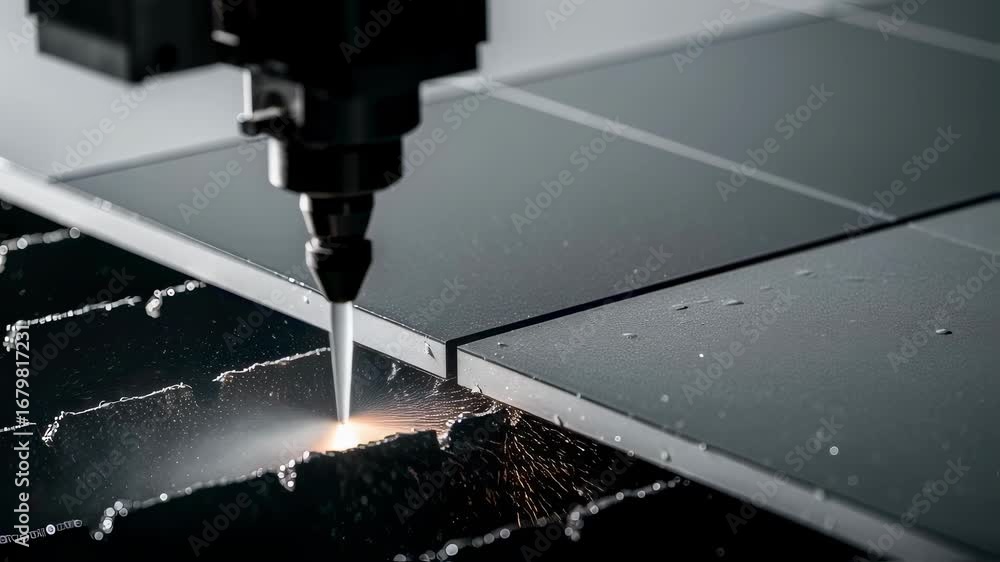 Poster side perspective of advanced thermal tile cutting with precision waterjet highlighting sharp edges a