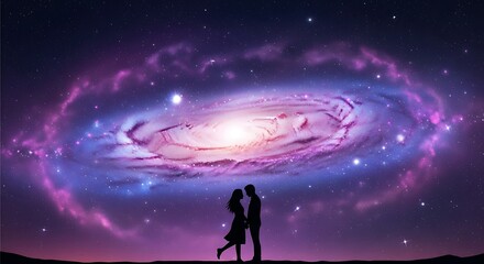 Obraz premium Couple Silhouette Kissing Under Vibrant Purple Galaxy Night Sky for Romantic Concept.