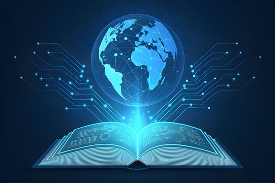 Opened book with globe digital art abstract blue background/ global knowledge, education, E-learning, international literacy day concept art