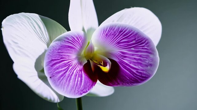 A beautiful orchid flower with vibrant purple and white petals slowly comes into focus. Its intricate details and delicate colors are highlighted in this close-up shot.