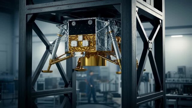 Rear view of the droptest tower frame supporting a lunar lander leg emphasizing structural integrity under simulated lunar conditions.