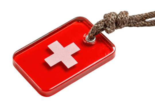 Red Medical Alert Tag with White Cross on Transparent Background