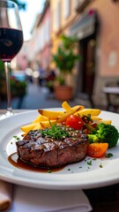 A succulent steak dinner served outdoors with a glass of wine, showcasing a delightful meal in a charming European setting.