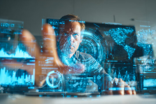 Futuristic data analysis and digital interface in a high-tech environment