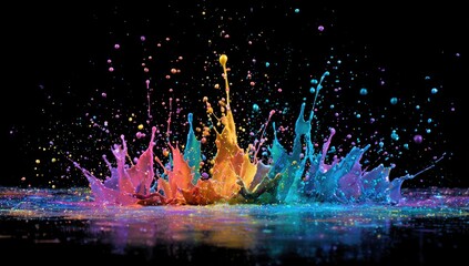 Vibrant paint splashes in a spectrum of colors against a black background.  Colorful liquid explodes outward, creating dynamic forms and patterns