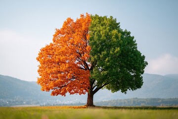 Half orange and half green tree in nature