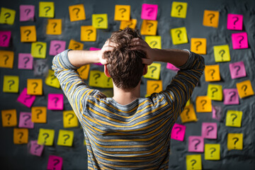 Person overwhelmed by unanswered questions on a brainstorming wall