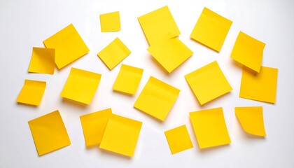 Yellow sticky notes scattered on a white surface