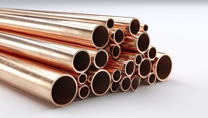 A collection of various sized copper tubes stacked in an organized pile against a plain background.