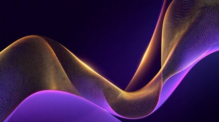 Abstract composition with dark purple background featuring flowing golden yellow and rich violet intertwined ribbons,