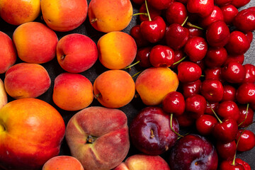 Fresh peaches, apricots, cherries and plums creating a colorful summer fruit assortment