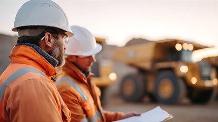 Caucasian men in hard hats and reflective jackets reviewing plan at an outdoor industrial site, heavy machinery in background.